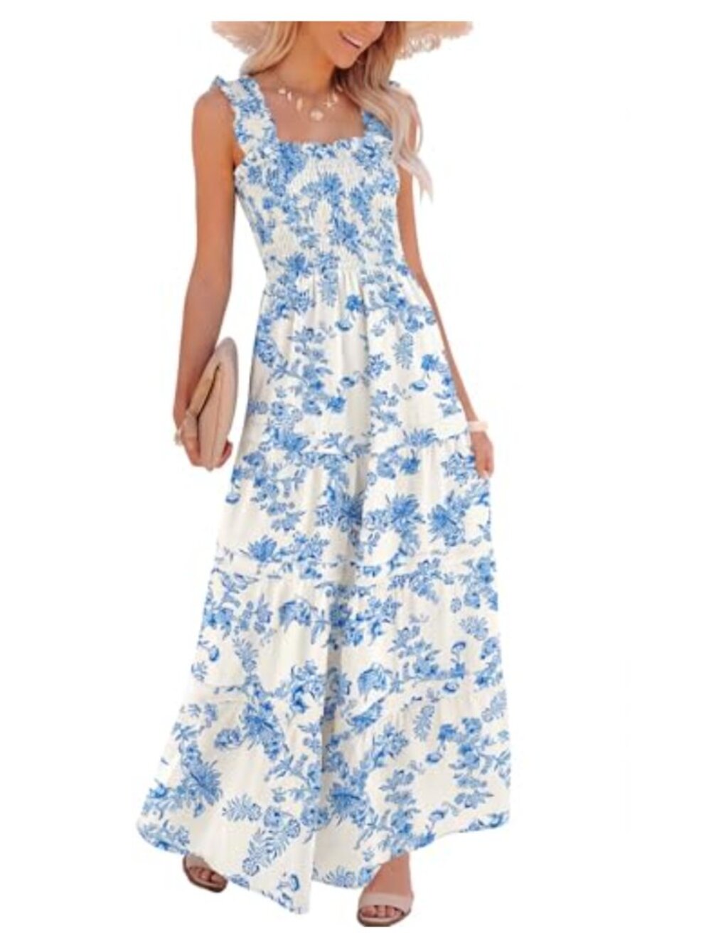 Boho Floral Smocked Maxi Dress Sleeveless Ruffle A-Line Beach Vacation